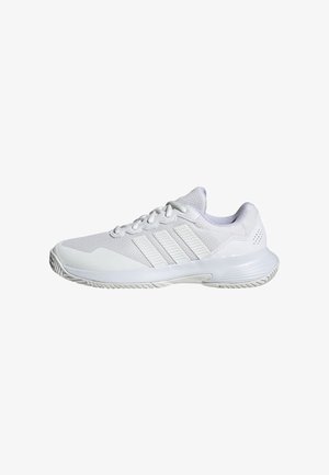 White athletic shoe featuring a breathable mesh upper, three horizontal stripes, padded collar, and textured rubber outsole for grip.