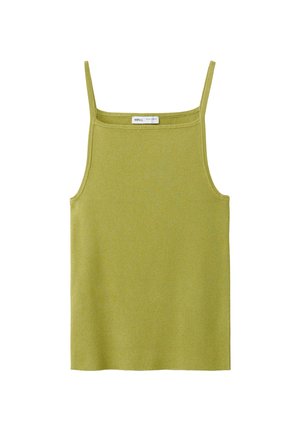 Lichtgroen mouwloos gebreid topje met dunne bandjes en een vierkante halslijn, met een klein wit merkje aan de binnenkant van de kraag.