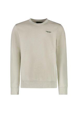 Sweat-shirt beige clair avec manches longues, poignets et ourlet côtelés. Présente un petit logo vert "Denim Dept." sur la partie gauche de la poitrine.
