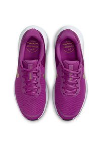 Purple athletic shoes with mesh upper, textured fabric, white midsole, and gold accents on the branding and shoelace tips.