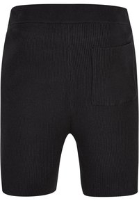 Svart ribbestrikket shorts med en glatt midje og en baklomme. Stoffet har et teksturert mønster og en tettsittende design.