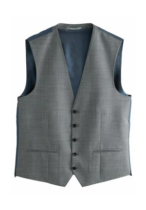 Vest gri cu un model texturat, decolteu în V, cinci butoane negre și două buzunare frontale; căptușeală netedă de culoare albastră închis vizibilă pe laturi.