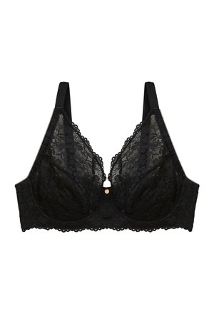 Soutien-gorge à armatures en dentelle noire avec bords festonnés, bretelles réglables et un petit charm doré décoratif au centre devant.