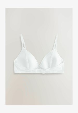 Fehér háromszög melltartó állítható pántokkal, puha anyagból, és hátul kapcsos záródással. Minimalista dizájn, sima felszínnel.