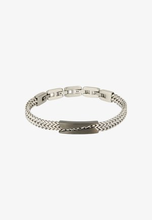 Bracciale da uomo in acciaio inossidabile silver-tone con catena a doppio intreccio e link a chiusura rettangolare, caratterizzato da un accento in metallo nero curvo e liscio.
