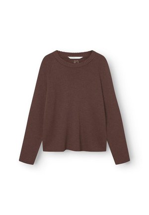 Pruun kudumipusa ümarate kaelustega, pikkade raglanvarrukatega, vabalt langev ja tekstuurse materjaliga. Ei ole nähtavat riistvara ega mustreid.