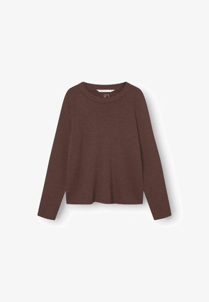 Pruun kudumipusa ümarate kaelustega, pikkade raglanvarrukatega, vabalt langev ja tekstuurse materjaliga. Ei ole nähtavat riistvara ega mustreid.