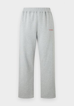 Light gray sweatpants with elastic waistband and small red "No Problemo" text on the upper left thigh.