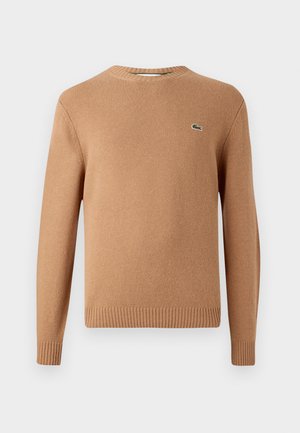 Brauner, gestrickter Pullover mit Rundhalsausschnitt. Gerippte Bündchen und Saum. Verfügt über ein kleines grünes Logo auf der Brust. Weiche Textur.