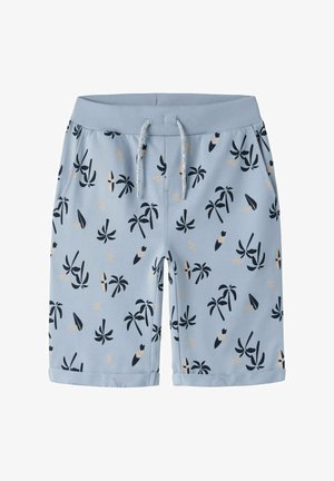 Hellblaue Shorts mit Palmen- und Surfbrettmustern, geripptem elastischem Bund, Kordelzug, Seitentaschen und umgeschlagenen Säumen.