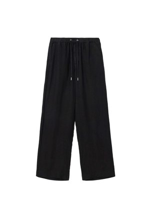 Sorte bukser med brede ben lavet af let stof, med elastisk talje og snøre, sidelommer og en glat tekstur.