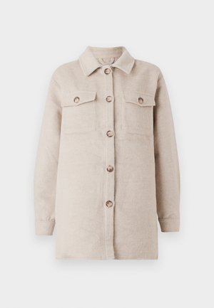 Beige wool-blend shirt jacket with a collar, long sleeves, and front chest pockets. Features wooden buttons and a soft, textured finish.