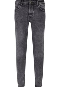 Feszes fazonú fekete farmernadrág, kopott mosással, öt zsebbel, övhurkokkal, gombos záródással és kontrasztos varrással. Tartós denim anyag.