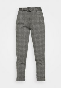 Grå rutiga byxor med en åtsittande passform, utrustade med en bälte midjeband, slät textur och subtilt rutmönster.