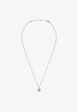 Hopeaketju, jossa on herkkä ketju ja pyöreä, koristeltu riipus, joka esittää ympyräkuviota pienistä kivistä.