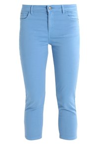 Light blue cropped pants made of stretch fabric, featuring a front button closure, two side pockets, and a smooth texture.