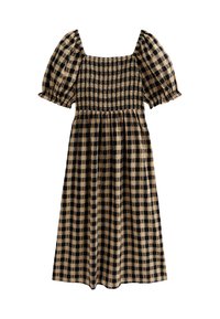 Zwart en beige geruite midi-jurk met een vierkante halslijn, puffmouwen en een gerimpelde bodice. Zacht, lichtgewicht materiaal, casual ontwerp.