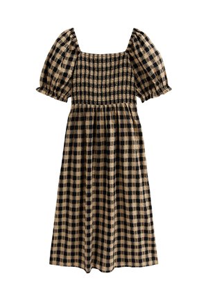 Svart och beige rutigt midiklänning med fyrkantig halsringning, puffärmar och smockad midja. Mjukt, lätt material, avslappnad design.