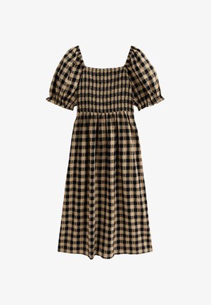 Czarna i beżowa w kratkę midi sukienka z kwadratowym dekoltem, bufiastymi rękawami i marszczonym fasonem. Miękka, lekka tkanina, casualowy styl.