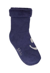 Granatowa skarpetka z miękkim, prążkowanym mankietem, z białym wzorem uśmiechniętej buzi oraz teksturowanym materiałem dla komfortu.