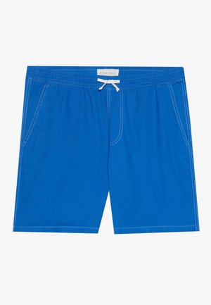 Modré plavky vyrobené z lehkého materiálu, s elastickým pasem na šňůrku, dvěma bočními kapsami a bílými stehy.