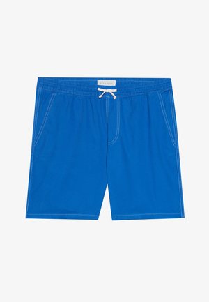 Mėlyni plaukimo šortai, pagaminti iš lengvos medžiagos, su elastingu juosmeniu ir virvute, dviem šoniniais kišenėmis ir baltais siuvinėjimo akcentais.