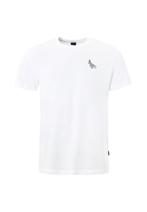 Witte korte mouw t-shirt met een kleine cartoon duif die een gestreepte trui draagt, afgedrukt op het linkerborstgebied.