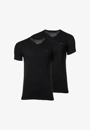 Deux T-shirts noirs à col en V et manches courtes de la marque GANT, design uni, présentés côte à côte sur un fond blanc.