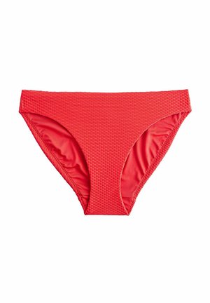 Punainen bikinitoppi, jossa on teksturoitu kangas, keskikorkea leikkaus ja sileä, joustava vuori. Mukavuuden takaamiseksi litteät saumat ja tasavärinen suunnittelu.
