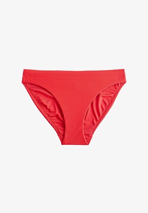 Sarkans bikini apakšda ar teksturētu audumu, vidējas augstuma griezumu un gludu, elastīgu oderi. Iespējotas plakanas šuves komfortam un viendabīgas krāsas dizains.