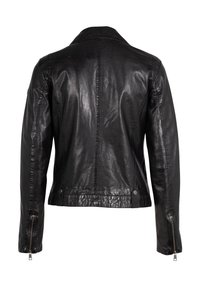 Zwarte leren jas met een zachte textuur, slim fit en ritsmanchetten. Heeft een notched kraag en zichtbare stikdetails.