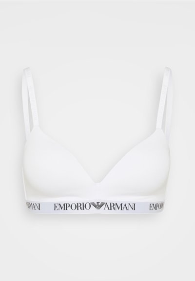 Sutien alb din bumbac, cu cupe triunghiulare, bretele ajustabile și un bandou elastic cu logo-ul Emporio Armani. Textură netedă.