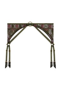 Ce porte-jarretelles en dentelle vert est orné de broderies florales roses, de ferrures en or et de bretelles r églables, avec des accents en satin.