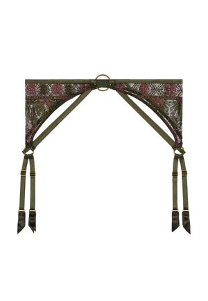 Ce porte-jarretelles en dentelle vert est orné de broderies florales roses, de ferrures en or et de bretelles réglables, avec des accents en satin.