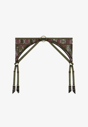 Jarretière en dentelle vert olive, ornée de broderies florales dans des tons roses, avec bretelles réglables et accents en métal doré.