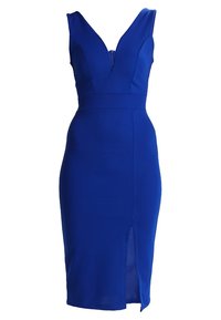 Robe ajustée mi-longue en tissu bleu vif, avec un profond décolleté en V, une taille marquée et une fente latérale pour plus de détails.