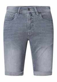 Denim shorts in vervaagd grijs met een omgeslagen zoom. Beschikt over vijf zakken en een sluiting met een voorste knoop. Materiaal heeft een gladde textuur.