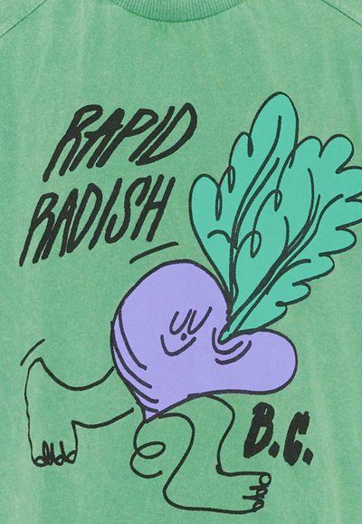 Radis violet dessiné en style cartoon avec des feuilles vertes et un visage souriant, marchant sur des jambes humaines, avec le texte "RAPID RADISH" et "B.C." sur un fond vert.