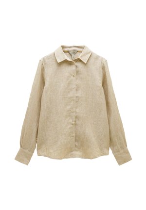 Chemise beige à manches longues avec boutons, rayures verticales subtiles et col classique, présentée à plat sur fond blanc.