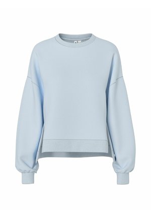 Lyseblå oversized sweatshirt med ribbet rund halsudskæring, manchetter og kant, med faldende skuldre og sideslidser ved kanten.
