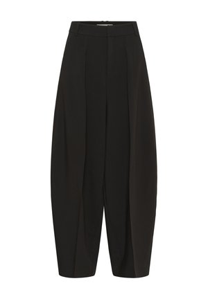 Pantalon noir taille haute à jambes larges avec plis et passants pour ceinture, doté d'une coupe décontractée et d'une longueur raccourcie.