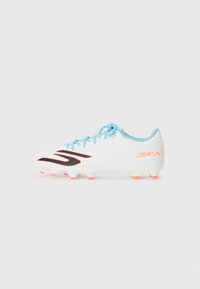 White soccer cleat with black accents, light blue laces, and pink studs. Features a textured upper and streamlined design for performance.