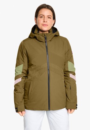 Isolierte Jacke in Olivgrün mit kontrastierenden Farbblockakzenten in Hellgrün und Pink. Verfügt über eine Kapuze und mit Reißverschluss gesicherte Taschen.