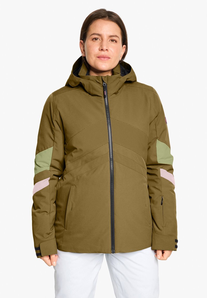Isolierte Jacke in Olivgrün mit kontrastierenden Farbblockakzenten in Hellgrün und Pink. Verfügt über eine Kapuze und mit Reißverschluss gesicherte Taschen.