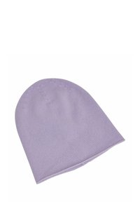Paarse gebreide beanie met een zachte textuur, ronde bovenkant en een comfortabele pasvorm. Heeft subtiele stikseldetails langs de rand.
