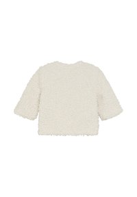 Zachte, off-white, gestructureerde peutertrui met lange mouwen en een ronde halslijn, plat van achteren weergegeven.