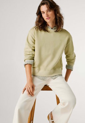 Felpa di cotone verde chiaro con scollo rotondo, indossata sopra una camicia a righe, abbinata a pantaloni bianchi a gamba larga. Elementi di design semplici.