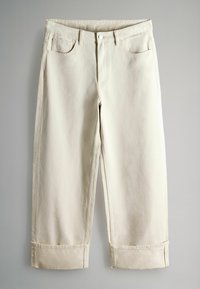 Beige augstas jostas džinsi ar taisnu kāju dizainu, kas ietver piecas kabatas un salocītus piedurknes. Audums ir gluds ar smalku austumu.