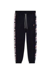 Joggers marinos con cintura ajustable, que cuentan con bolsillos laterales y un patrón de camuflaje en tonos rosa, azul y gris a lo largo de las piernas. Puños elásticos en los tobillos.