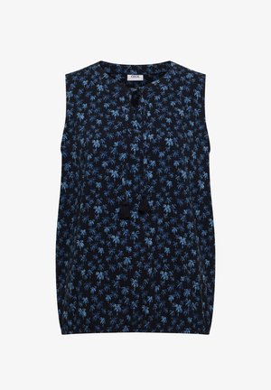 Blouse noire sans manches avec motif de palmiers bleus, col rond et détail de lien à pompons à l'avant.